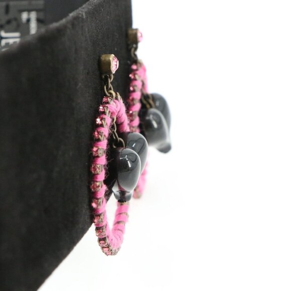 Betsey Johnson Black Puff Heart Pink Wrapped Rhinestone Hoop Earrings - Picture 3 of 6